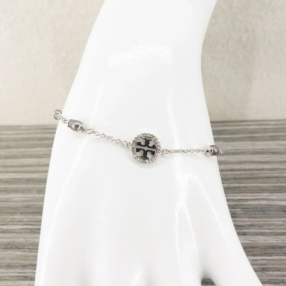 Tory Burch Miller Pave Logo Cultured Pearls Bracelet Silver OS